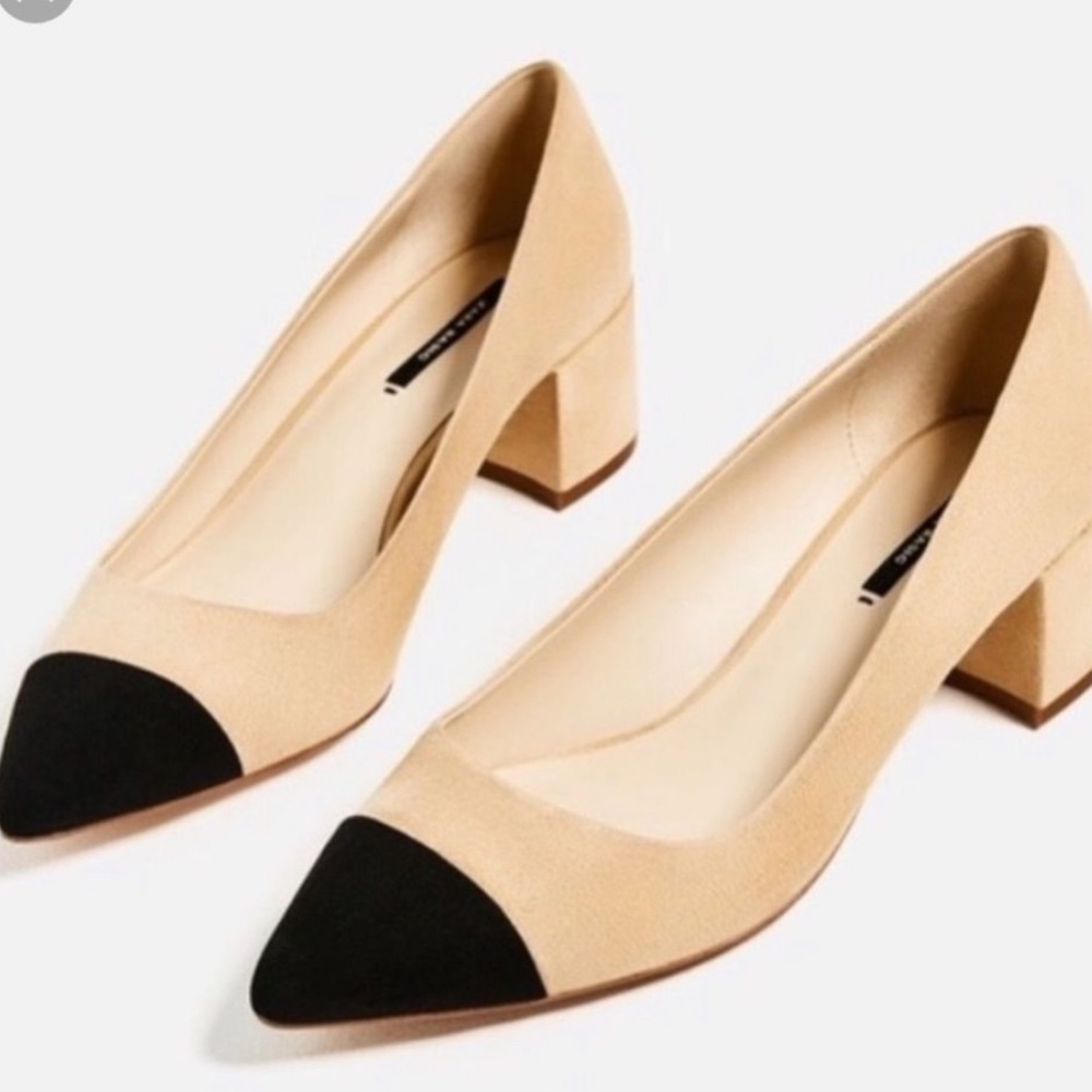Two tone nude and black block heel shoes